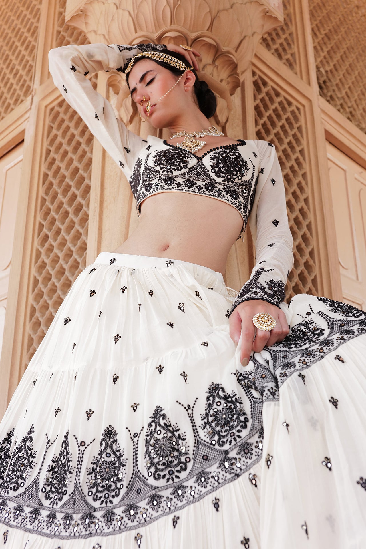 White layered lehenga with choker dupatta main image 0