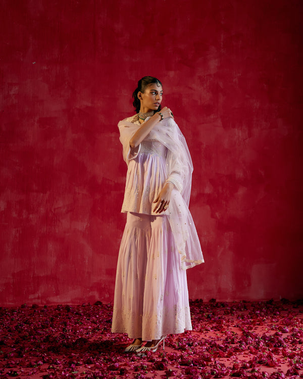 Lavender all-over Ambi Embroidered Peplum Sharara with Dupatta