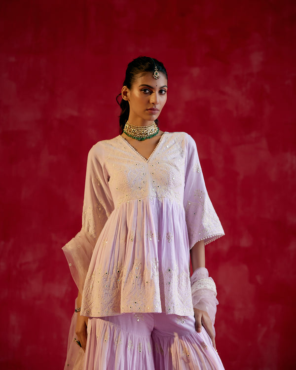 Lavender all-over Ambi Embroidered Peplum Sharara with Dupatta
