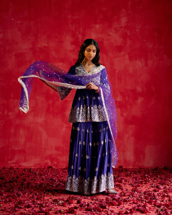 Purple all-over Ambi Embroidered Peplum Sharara with Dupatta