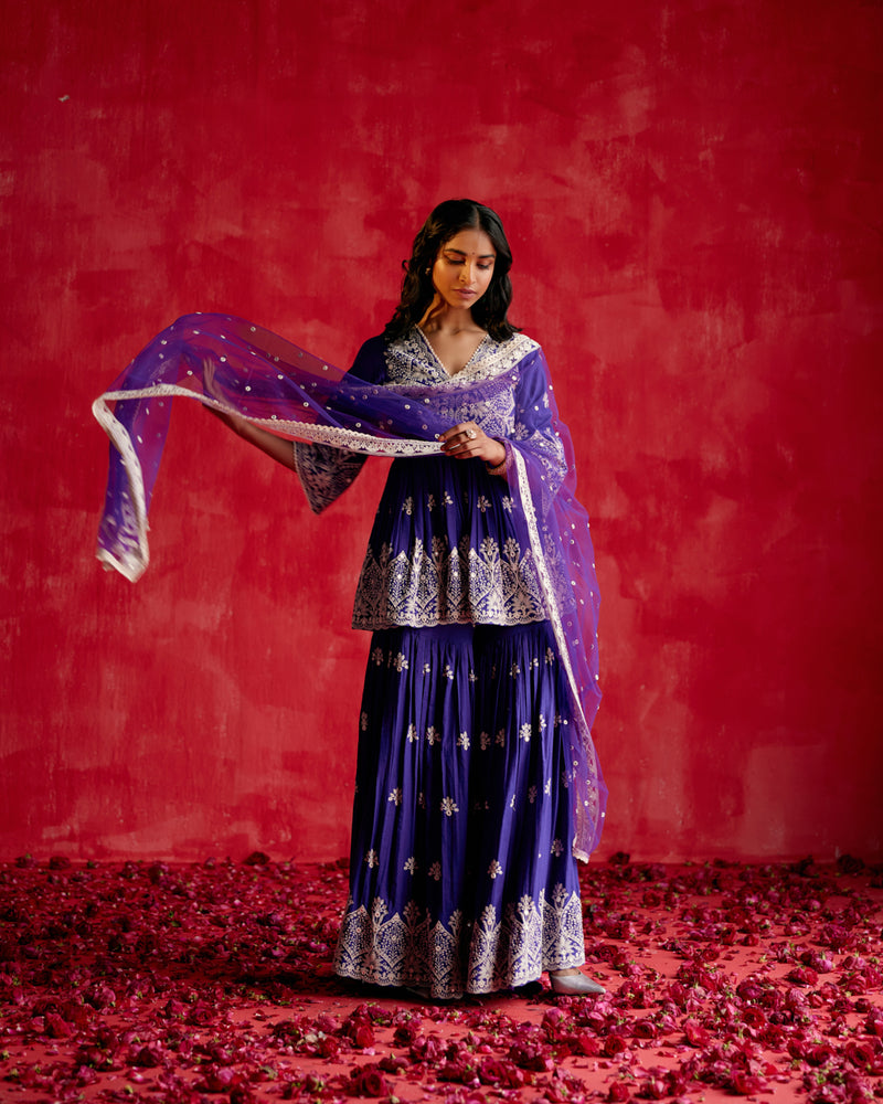 Purple all-over Ambi Embroidered Peplum Sharara with Dupatta