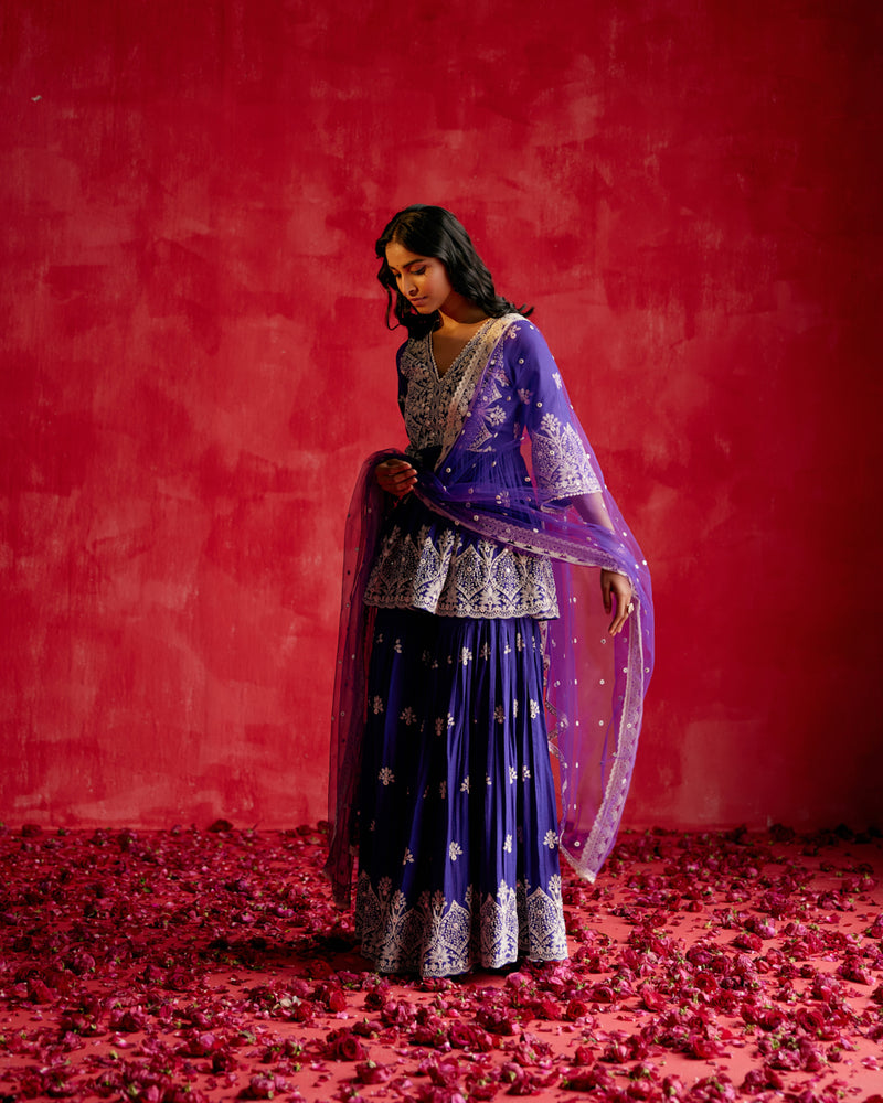Purple all-over Ambi Embroidered Peplum Sharara with Dupatta