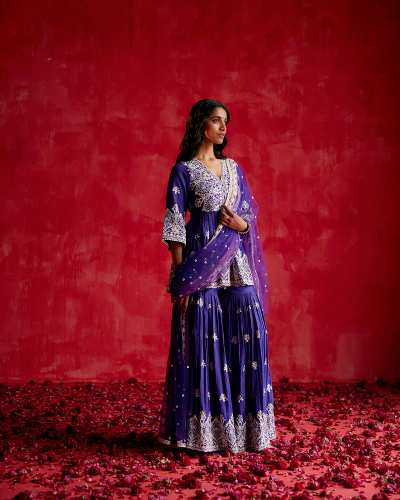 Purple all-over Ambi Embroidered Peplum Sharara with Dupatta