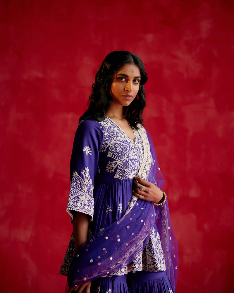 Purple all-over Ambi Embroidered Peplum Sharara with Dupatta