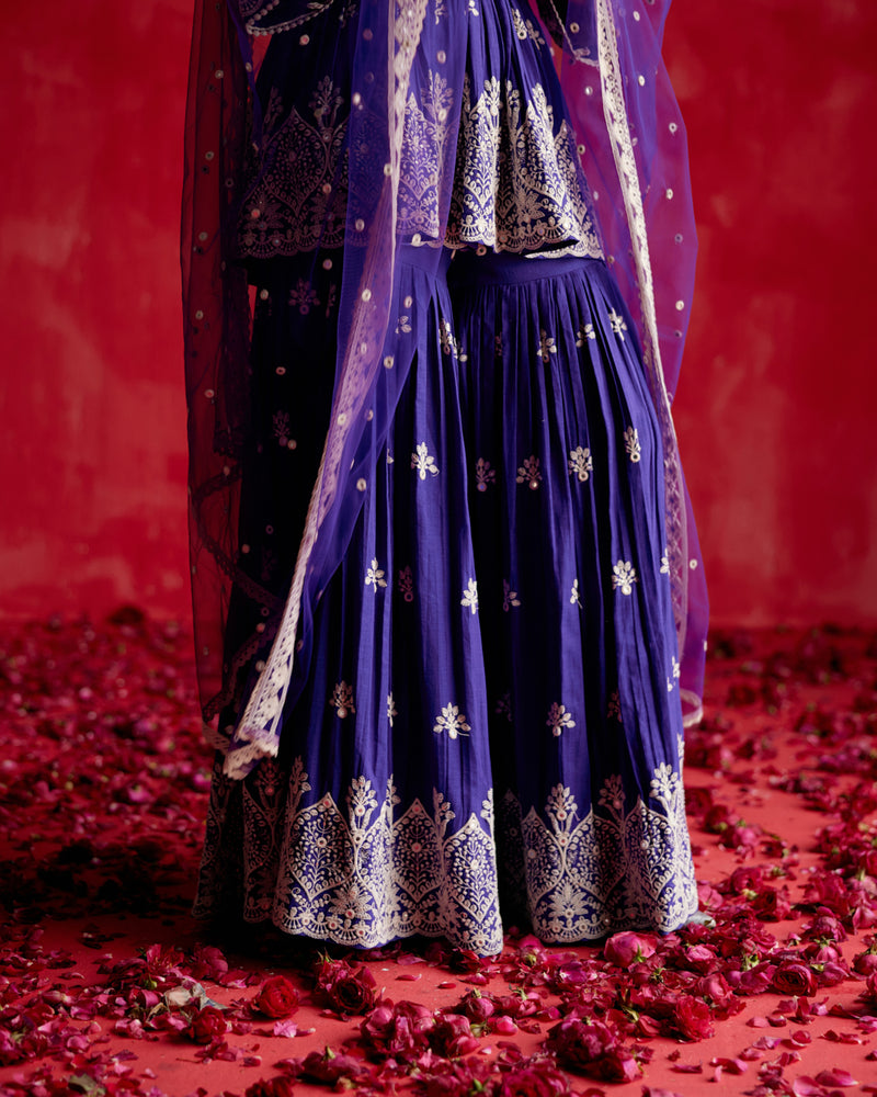 Purple all-over Ambi Embroidered Peplum Sharara with Dupatta