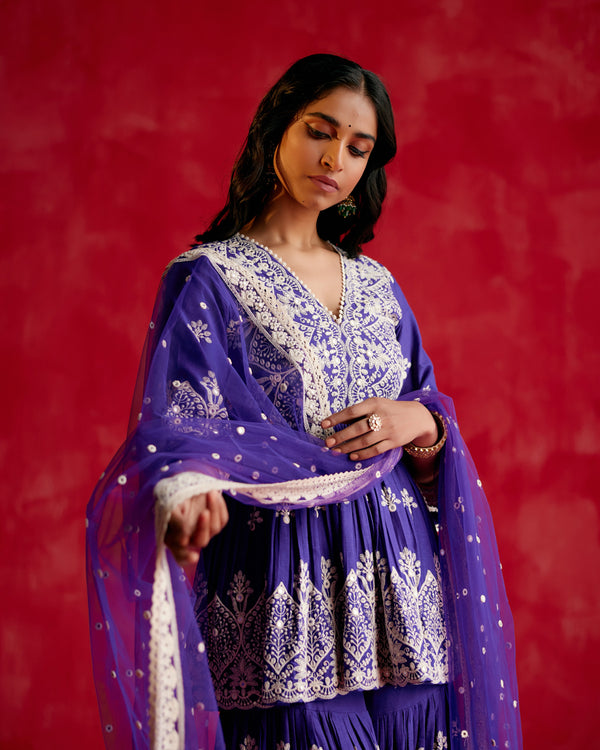 Purple all-over Ambi Embroidered Peplum Sharara with Dupatta
