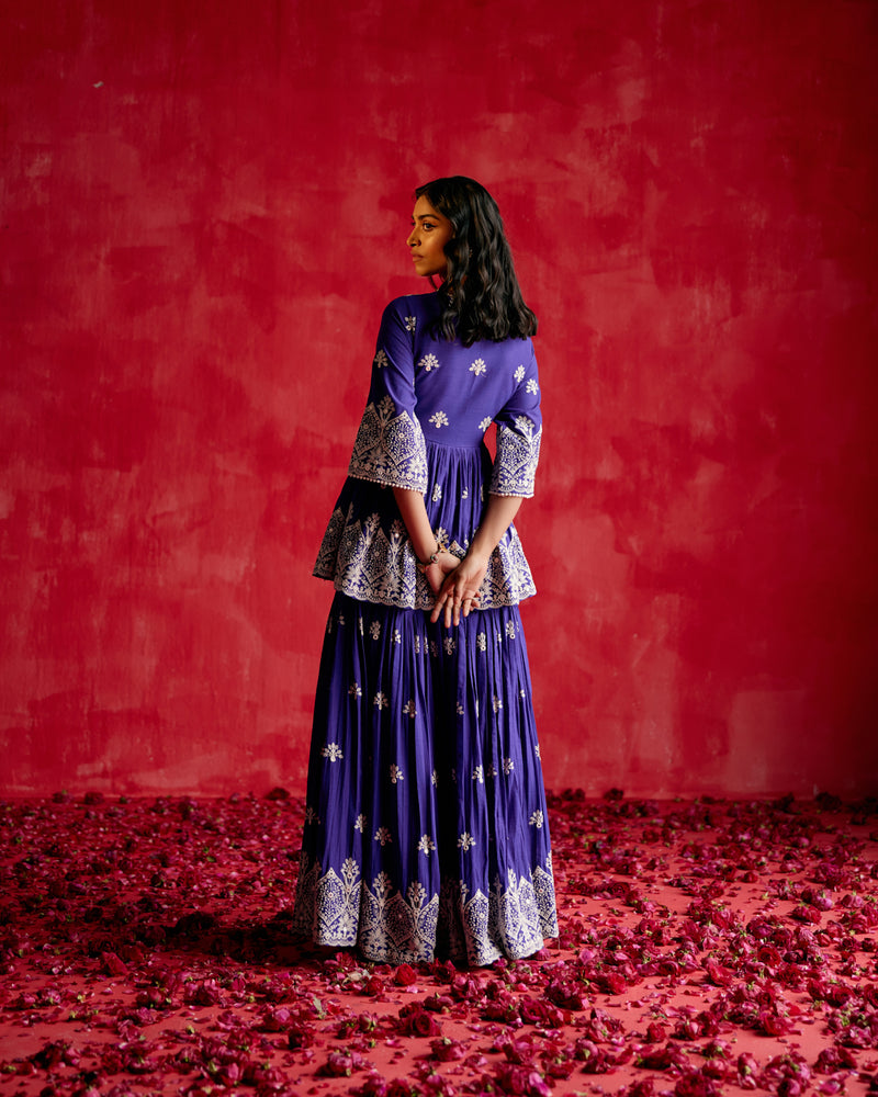 Purple all-over Ambi Embroidered Peplum Sharara with Dupatta