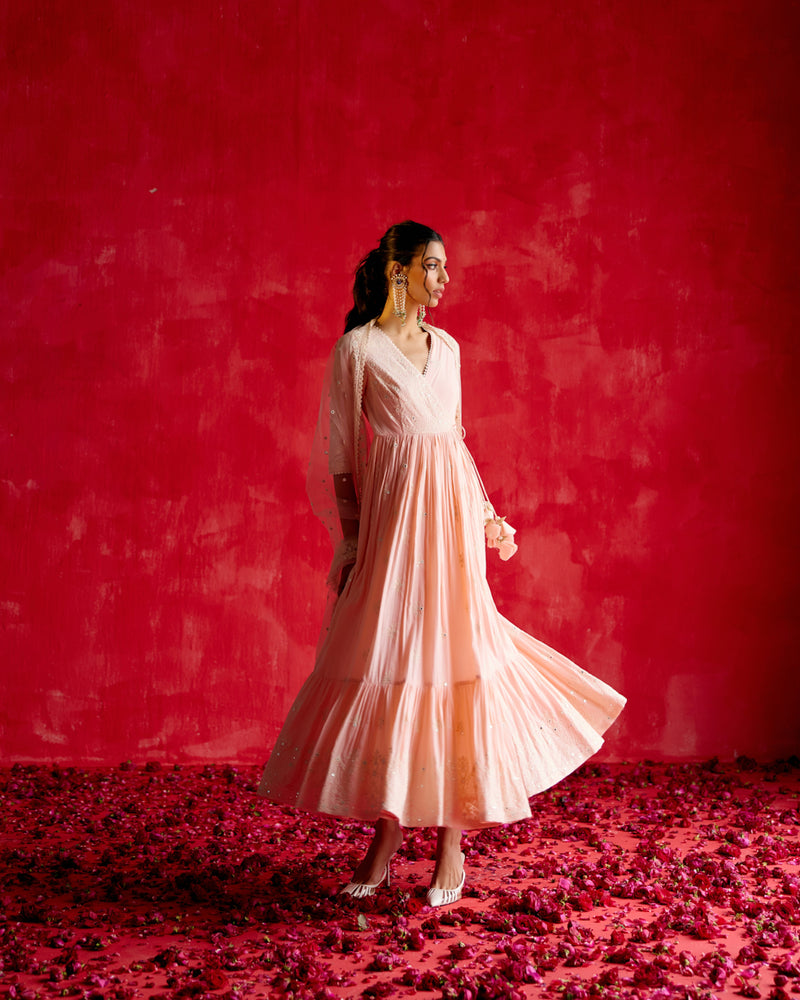 Blush Pink Ambi Angrakha With Embroidered Dupatta