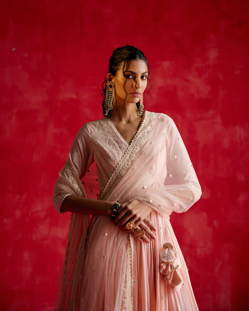 Blush Pink Ambi Angrakha With Embroidered Dupatta