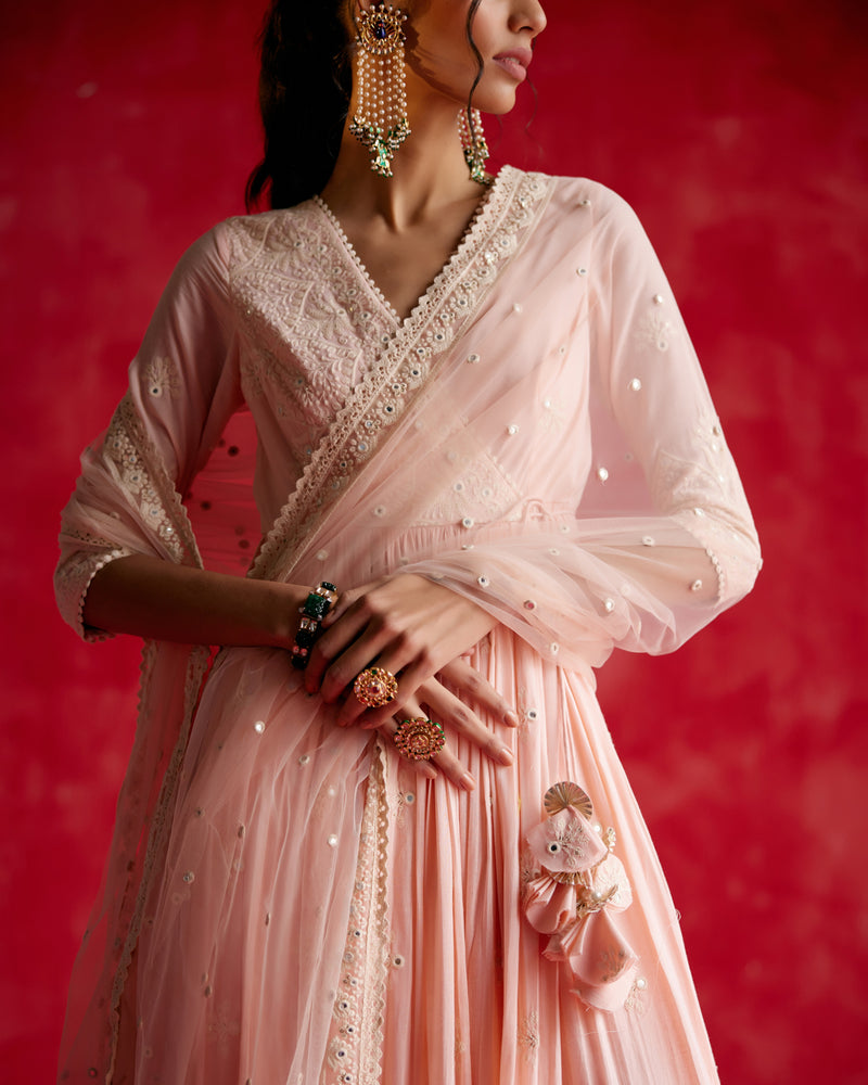 Blush Pink Ambi Angrakha With Embroidered Dupatta