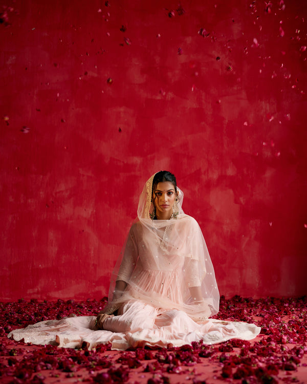 Blush Pink Ambi Angrakha With Embroidered Dupatta