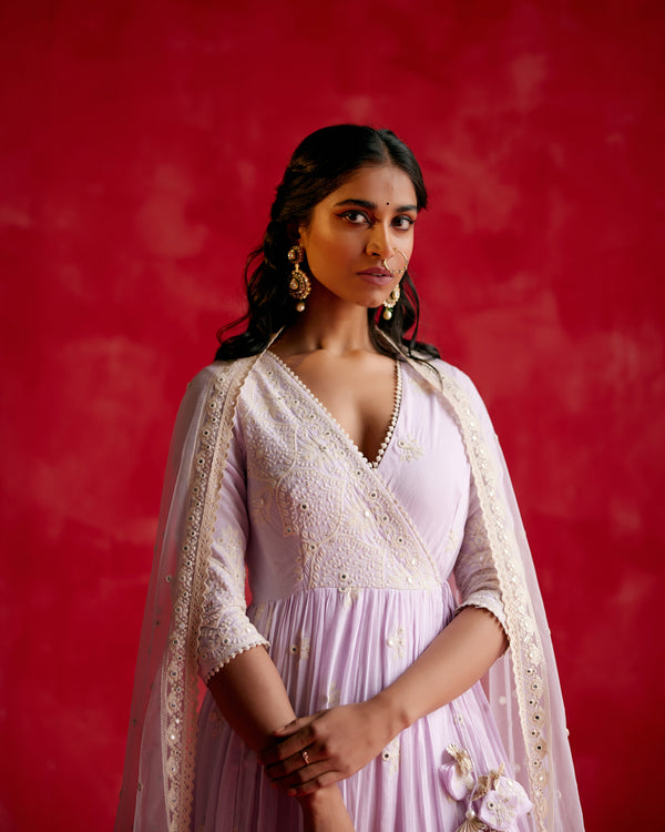 Lavender Ambi Angrakha With Embroidered Dupatta