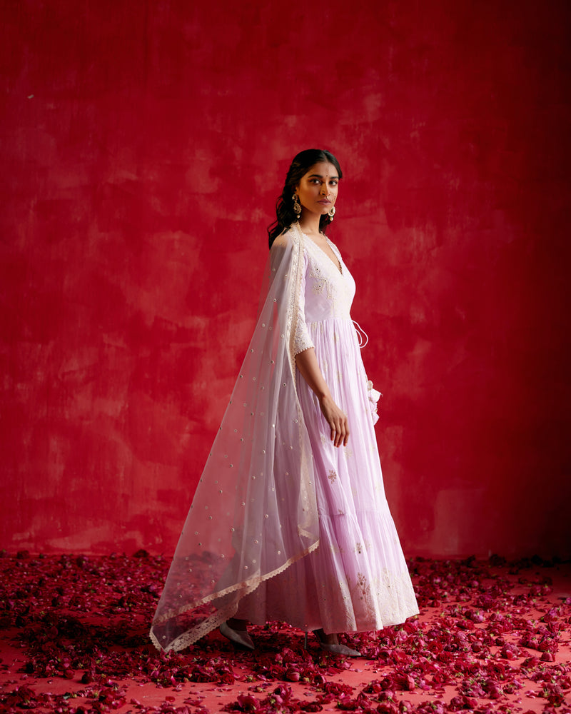 Lavender Ambi Angrakha With Embroidered Dupatta