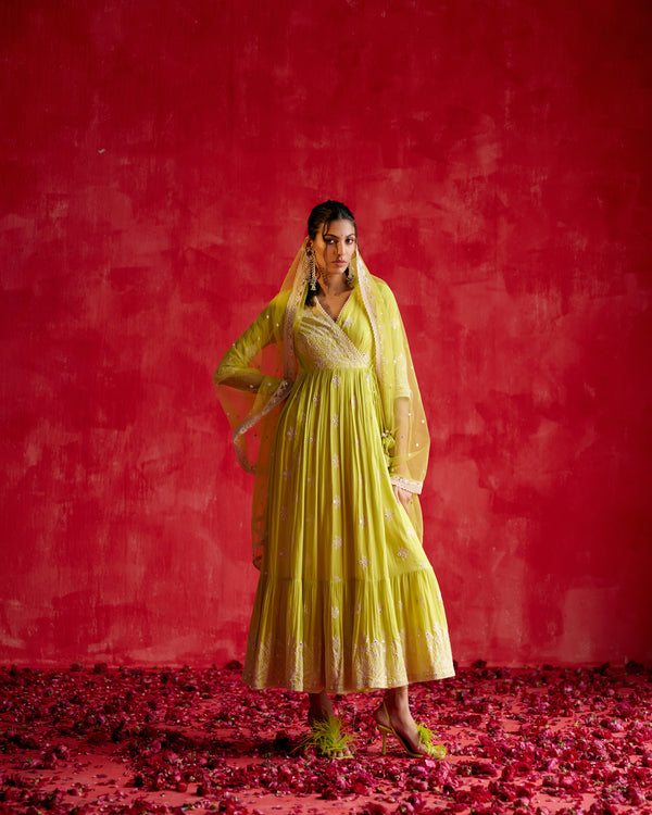 Neon Green Ambi Angrakha With Embroidered Dupatta