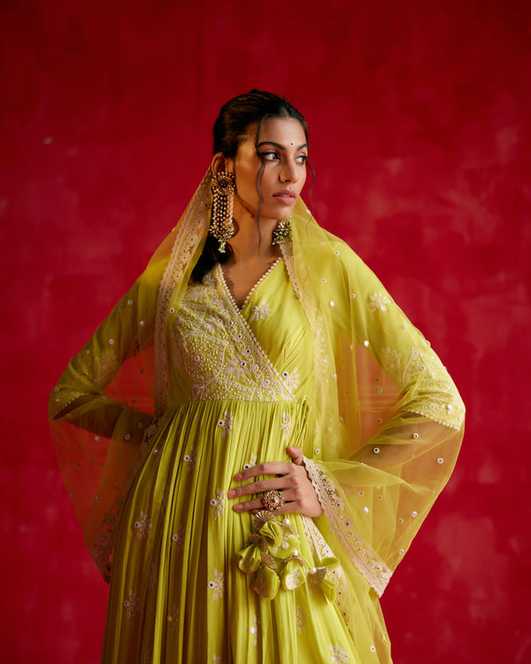 Neon Green Ambi Angrakha With Embroidered Dupatta