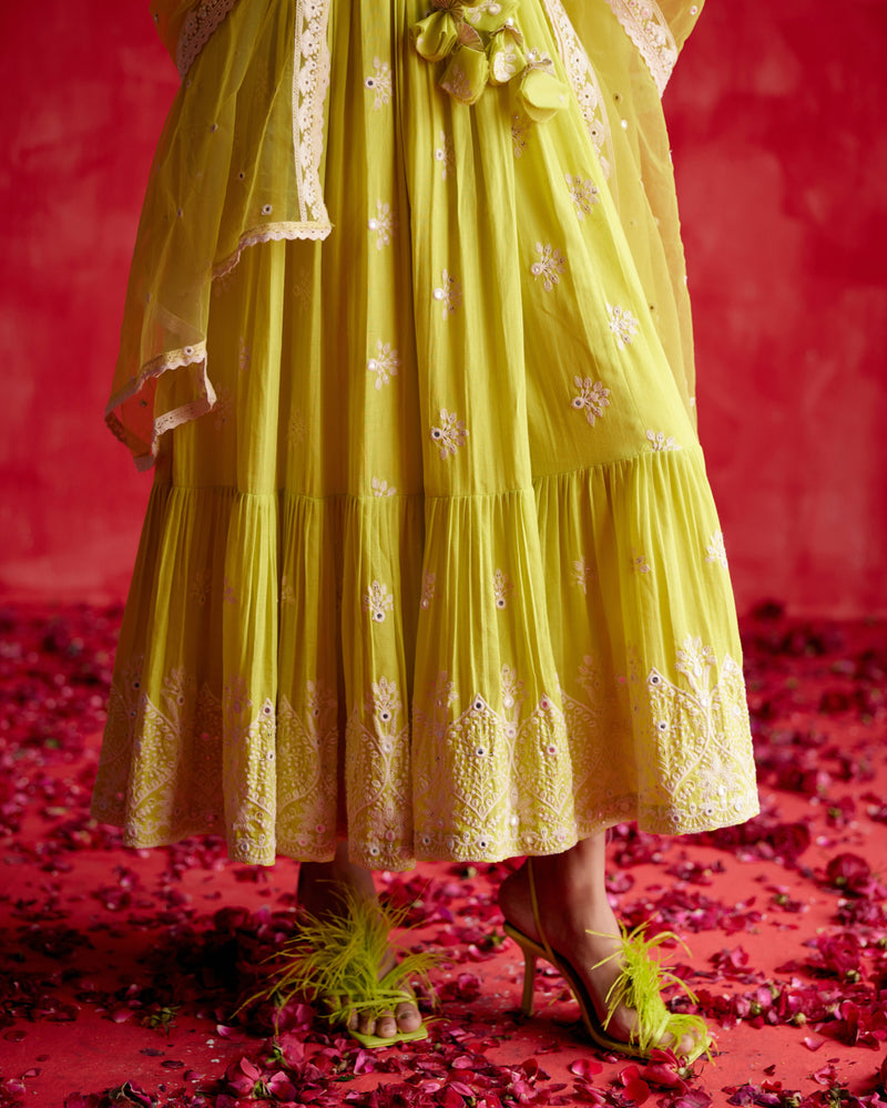 Neon Green Ambi Angrakha With Embroidered Dupatta