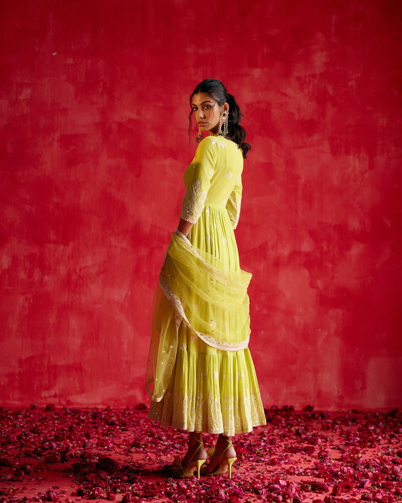 Neon Green Ambi Angrakha With Embroidered Dupatta