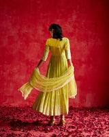 Neon Green Ambi Angrakha With Embroidered Dupatta