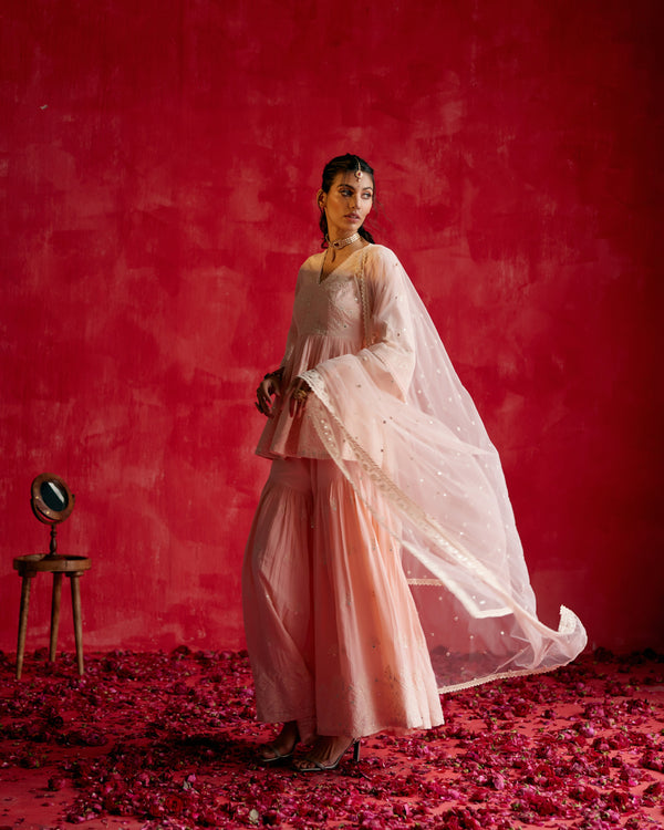 Blush Pink all-over Ambi Embroidered Peplum Sharara with Dupatta
