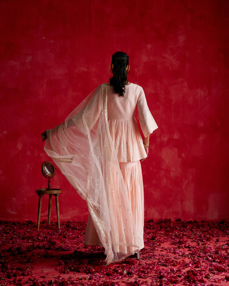Blush Pink all-over Ambi Embroidered Peplum Sharara with Dupatta
