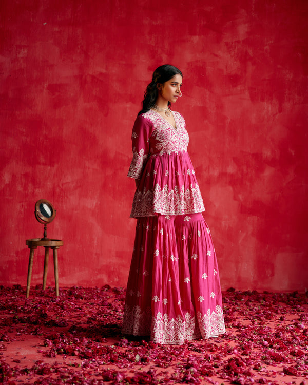 Fuchsia all-over Ambi Embroidered Peplum Sharara with Dupatta