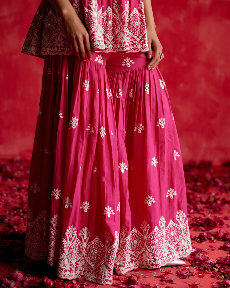 Fuchsia all-over Ambi Embroidered Peplum Sharara with Dupatta