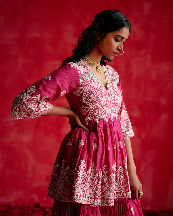 Fuchsia all-over Ambi Embroidered Peplum Sharara with Dupatta
