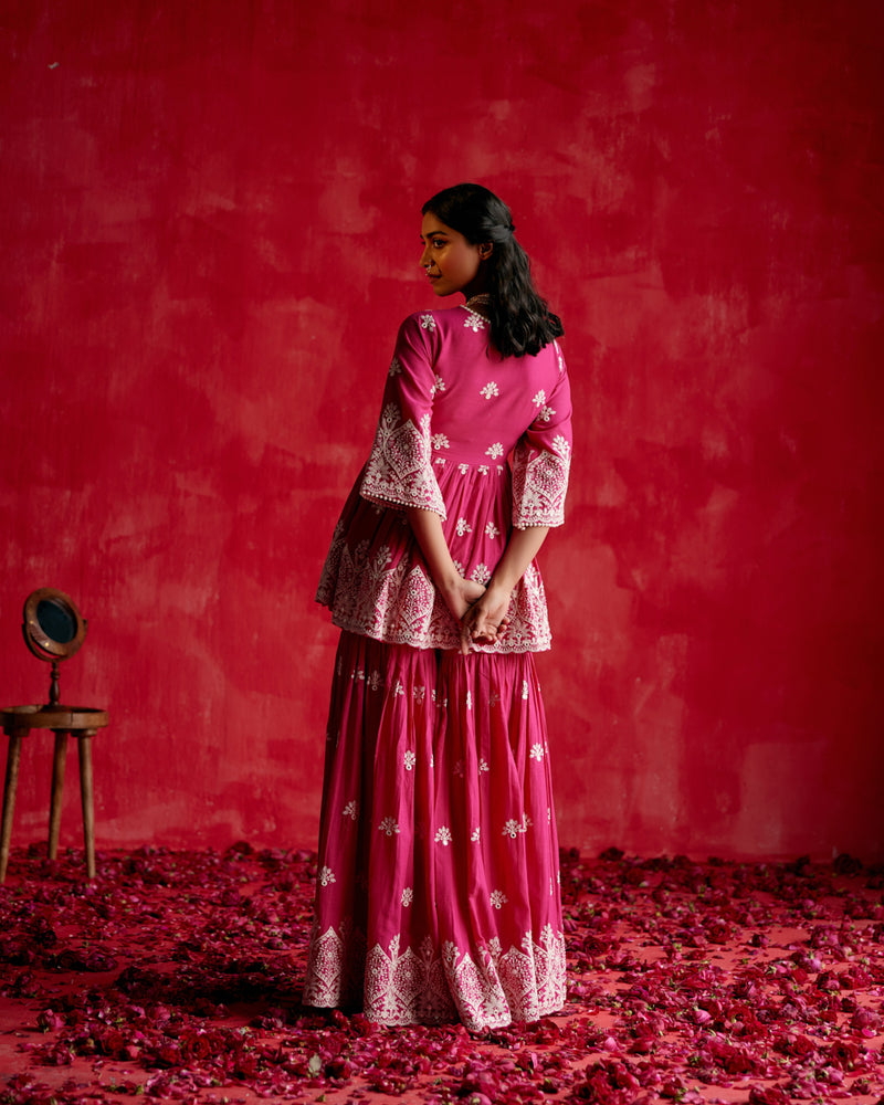 Fuchsia all-over Ambi Embroidered Peplum Sharara with Dupatta