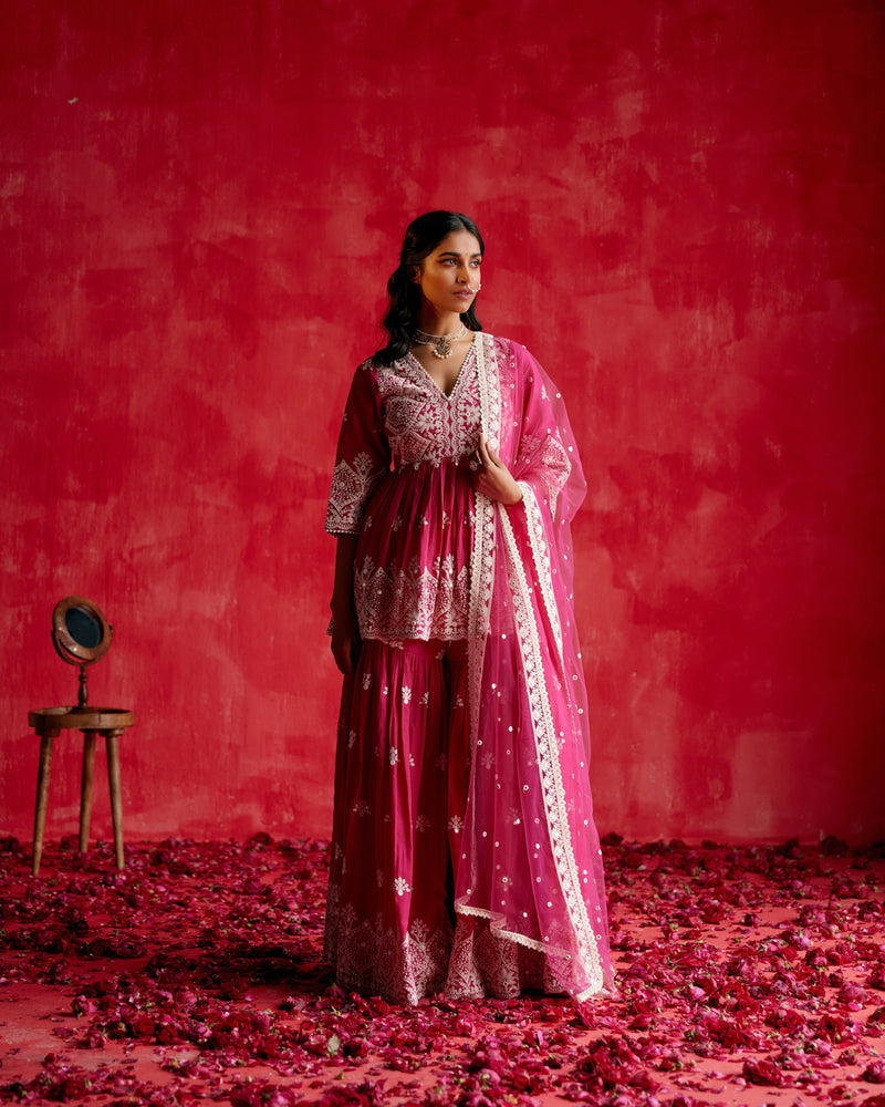 Fuchsia all-over Ambi Embroidered Peplum Sharara with Dupatta