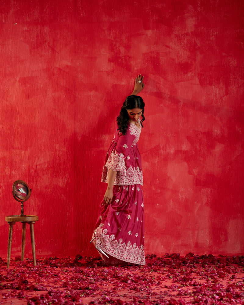 Fuchsia all-over Ambi Embroidered Peplum Sharara with Dupatta