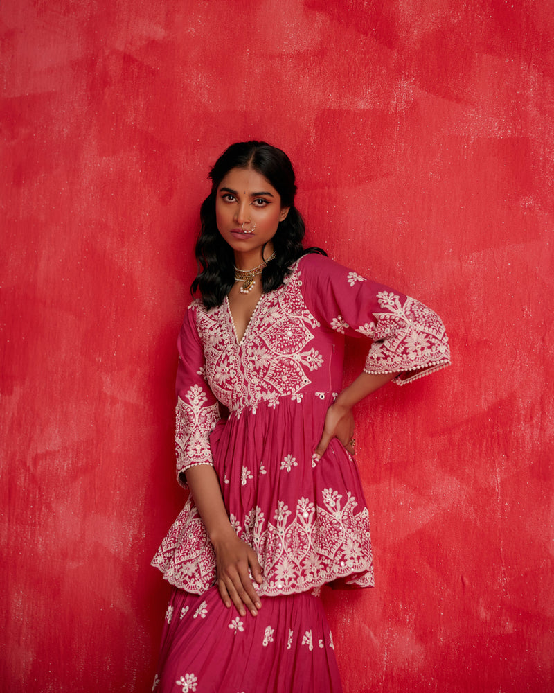 Fuchsia all-over Ambi Embroidered Peplum Sharara with Dupatta