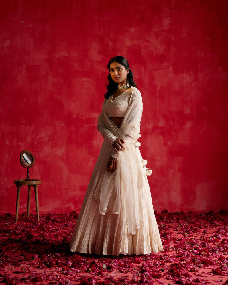 Off White Lotus Lehenga with Embroidered Dupatta