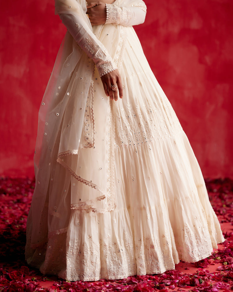 Off White Lotus Lehenga with Embroidered Dupatta