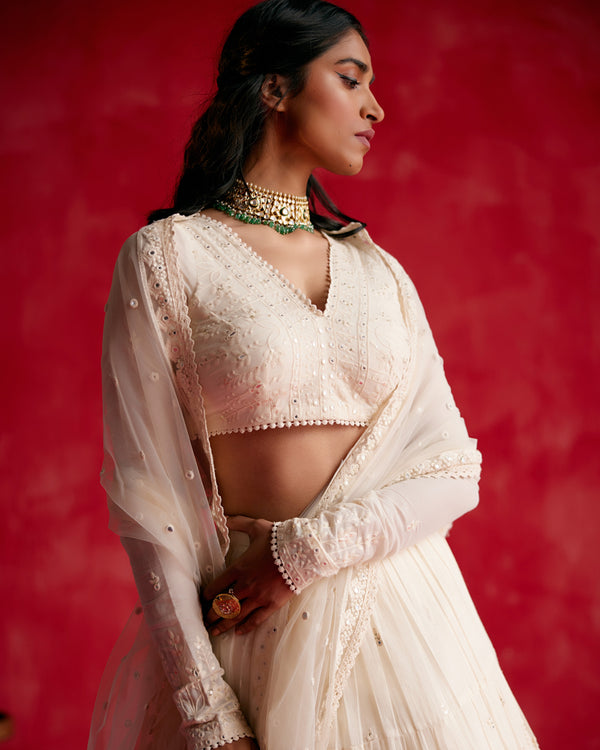 Off White Lotus Lehenga with Embroidered Dupatta