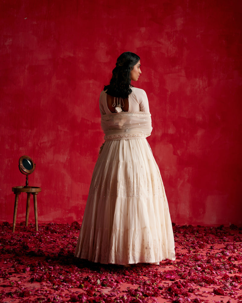 Off White Lotus Lehenga with Embroidered Dupatta