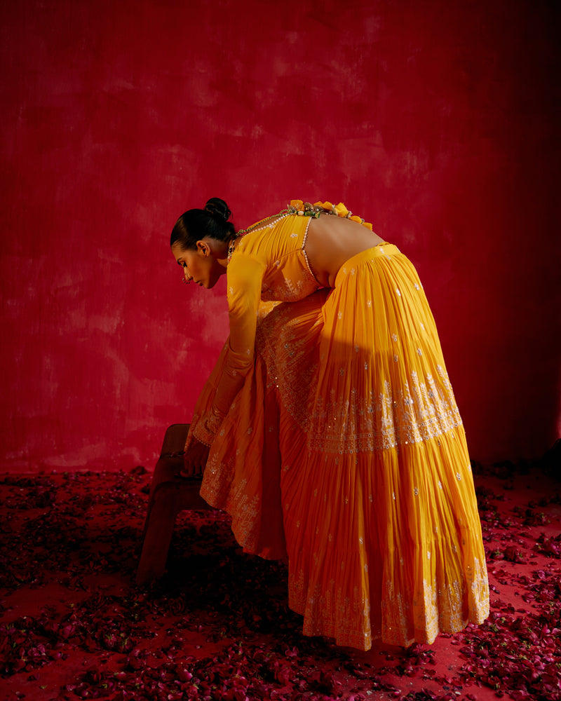 Mango Lotus Lehenga with Embroidered Dupatta