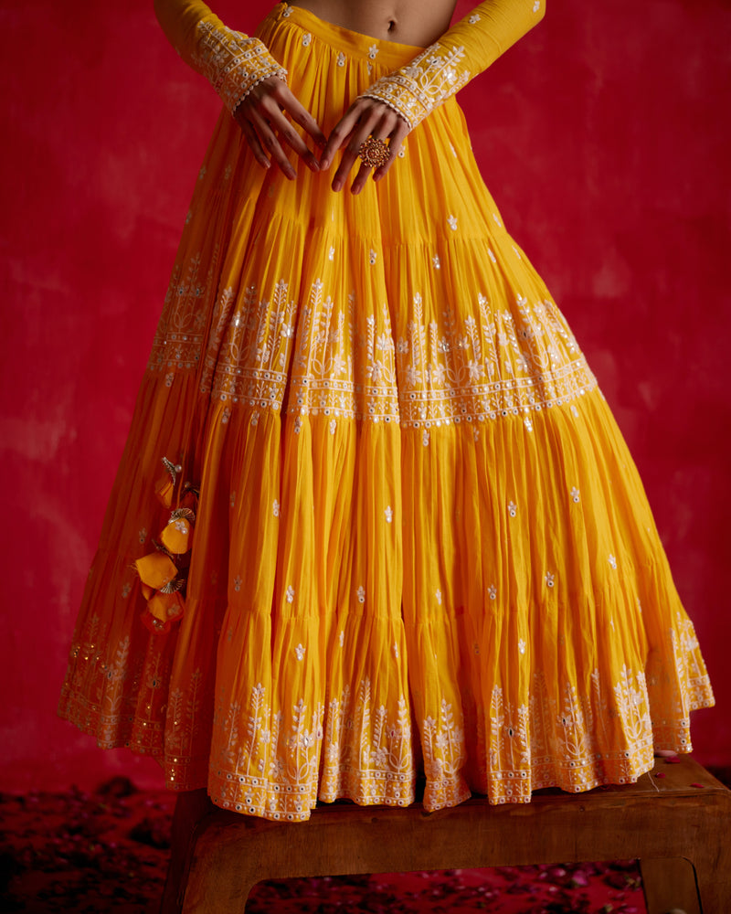 Mango Lotus Lehenga with Embroidered Dupatta