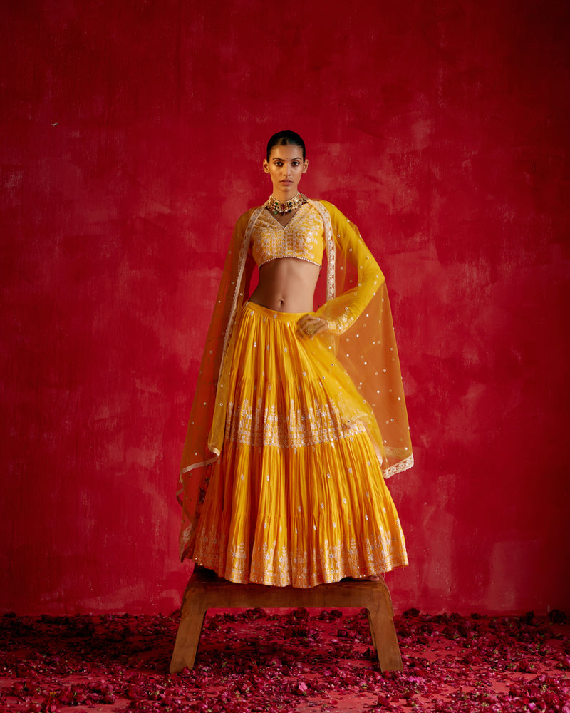Mango Lotus Lehenga with Embroidered Dupatta