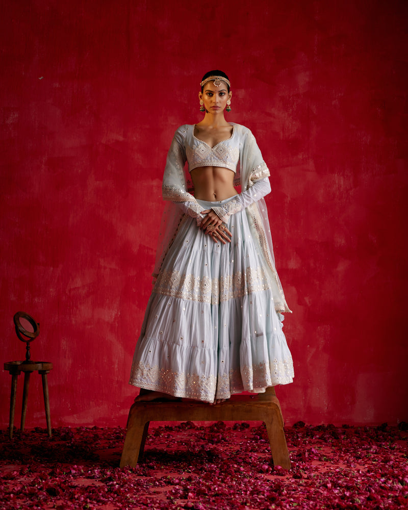 Ice Blue Diamond Lehenga with Embroidered Dupatta