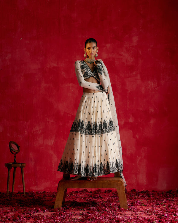 V Neck Black & White Tower Lehenga with Embroidered Dupatta