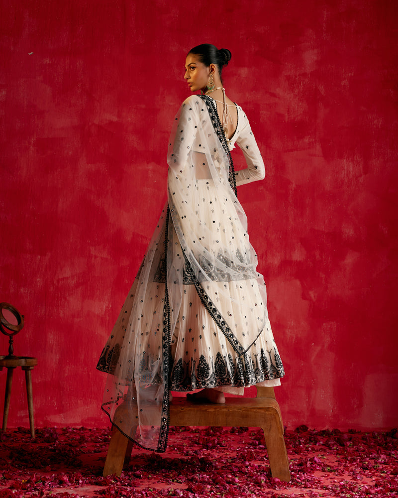 V Neck Black & White Tower Lehenga with Embroidered Dupatta