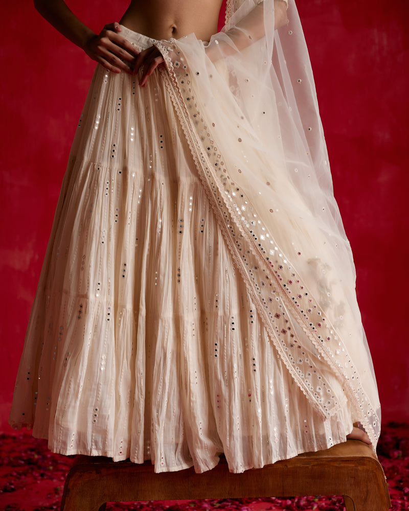 Off White SK-3D Lehenga with Embroidered Dupatta
