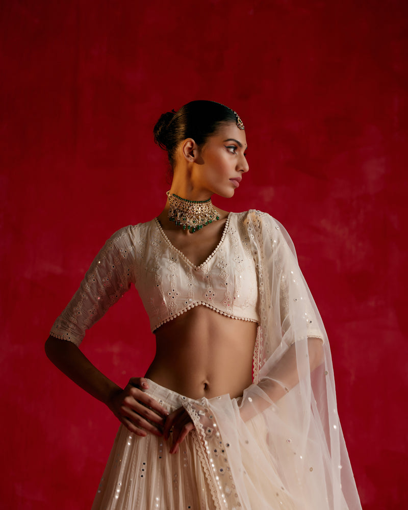 Off White SK-3D Lehenga with Embroidered Dupatta