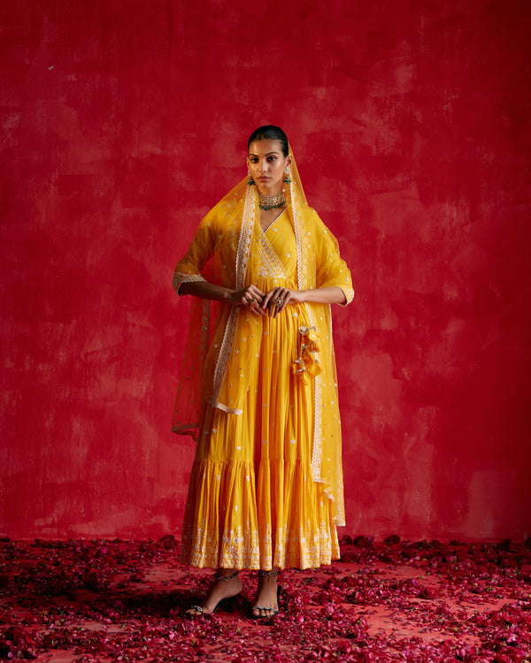 Mango Lotus Angrakha With Embroidered Dupatta