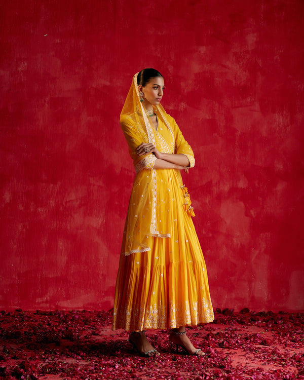 Mango Lotus Angrakha With Embroidered Dupatta