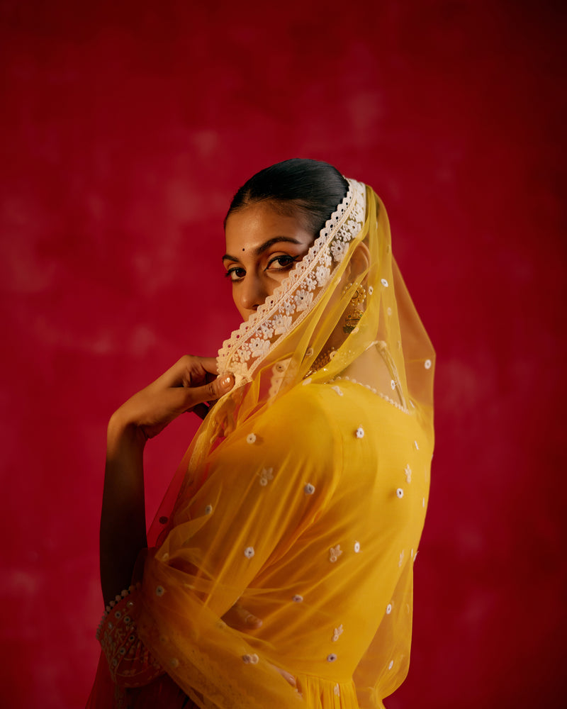 Mango Lotus Angrakha With Embroidered Dupatta