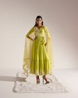 Neon Green Tower Angrakha With Embroidered Dupatta