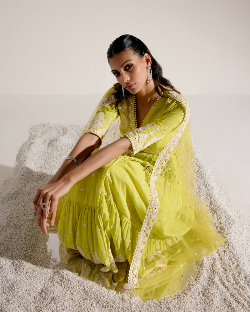 Neon Green Tower Angrakha With Embroidered Dupatta