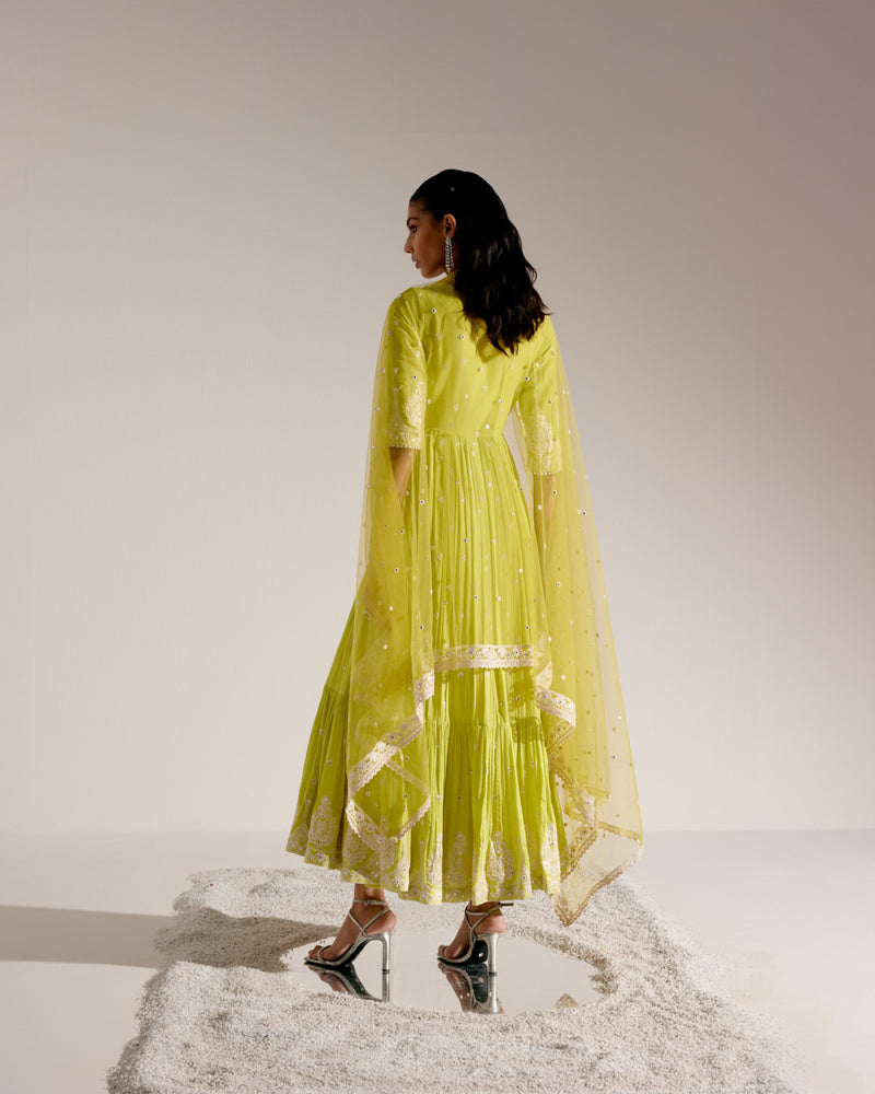 Neon Green Tower Angrakha With Embroidered Dupatta
