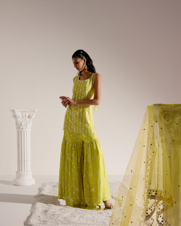 Neon Green SK-BK all-over Embroidered Straight Sharara with Dupatta